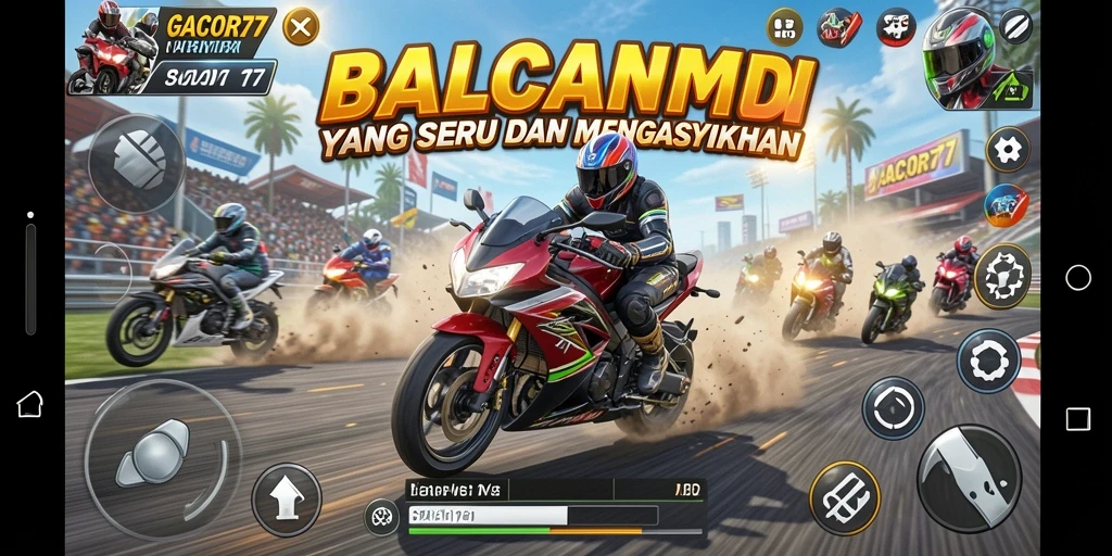 Screenshot dari gameplay GACOR77 menampilkan balapan motor yang seru.