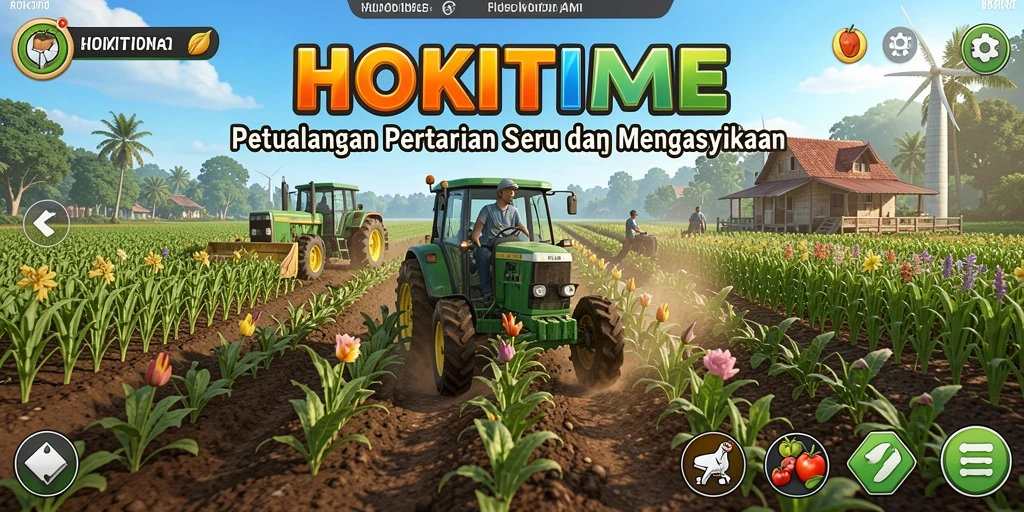 Tampilan gameplay HOKITIME dengan kebun yang indah dan tanaman subur.