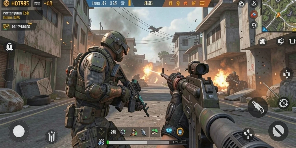 Tampilan gameplay HOT985 dengan aksi tembak-menembak seru.