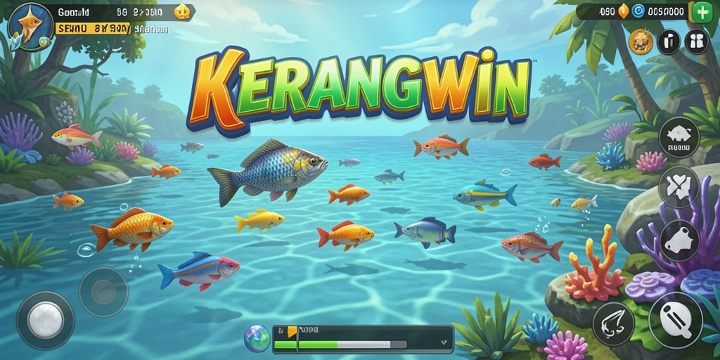 Tampilan gameplay KERANGWIN yang menampilkan aksi menangkap ikan
