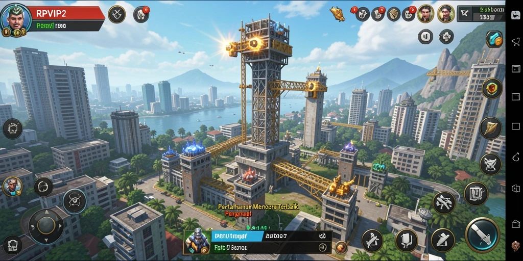 Screenshot utama RPVIP2 menampilkan aksi menara yang sedang bertahan dari serangan musuh.