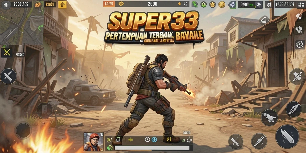 Tangkapan layar SUPER33 menunjukkan aksi pertempuran intens Battle Royale.