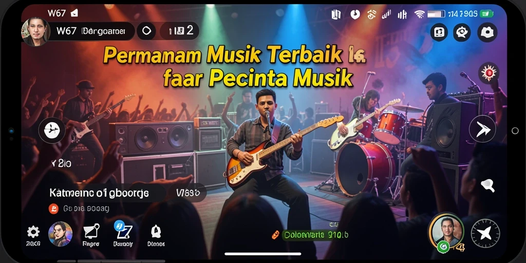 Tampilan gameplay W67 dengan antarmuka musik yang menarik.